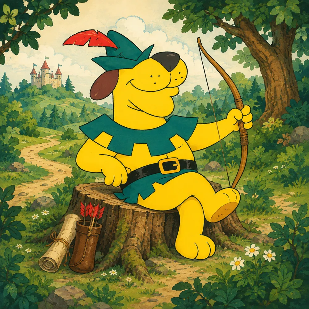 Hoodnik taking a well-earned break on a tree stump, bow in hand and castle in the distance.