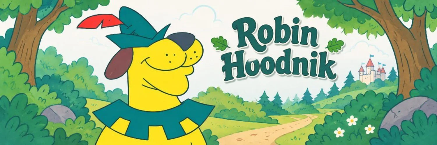 Robin Hoodnik smiling in Sherwood Forest, with the Robin Hoodnik wordmark and a castle beyond the trees.